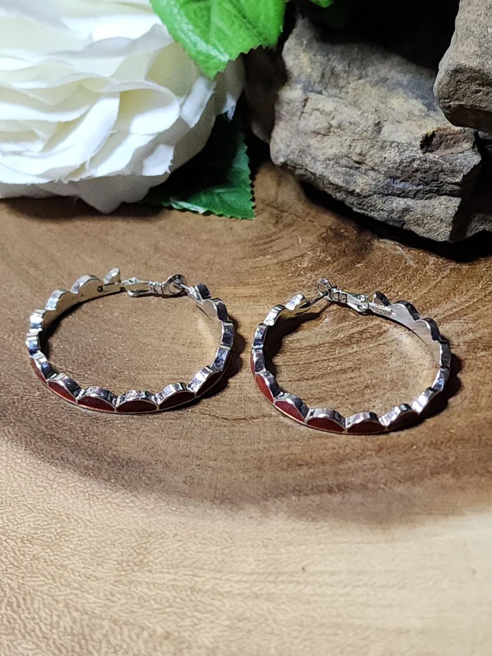 Red Enamel Hoop Scalloped Edge Earrings - Women Jewelry